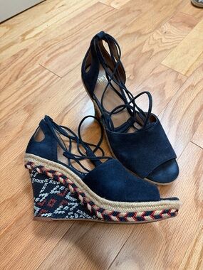 CAbi Navy Suede Lace-Up Espadrille Wedge Sandals